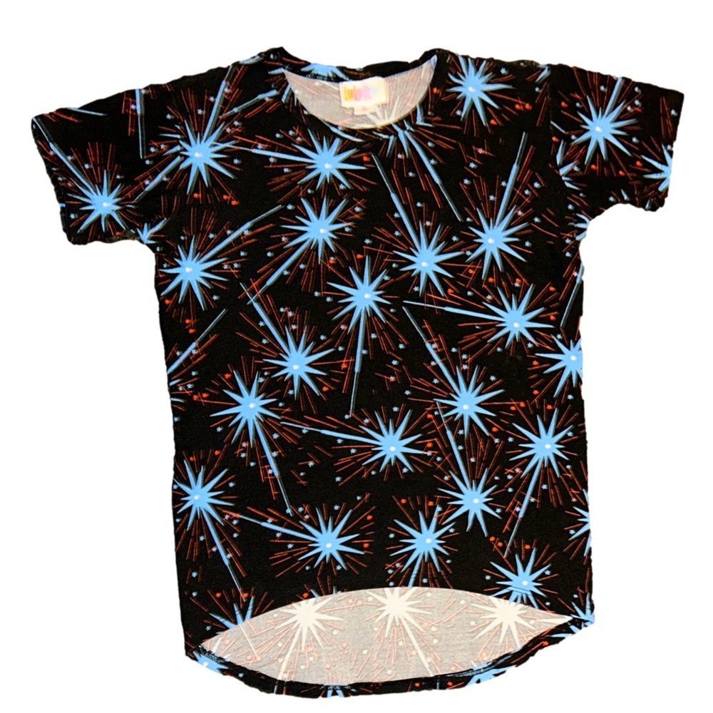 Lularoe Black T-Shirt with Blue Starburst Pattern size 6